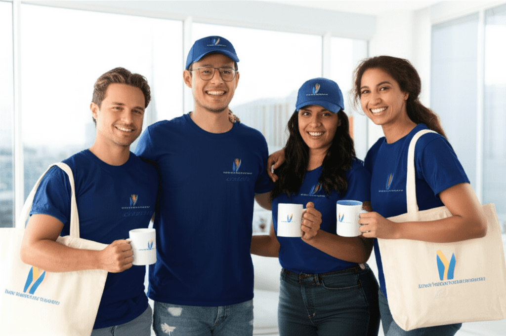 Happy employees with branded merchandise